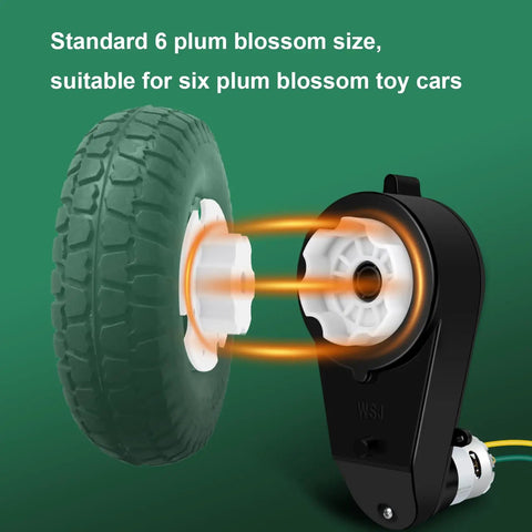 Two Pack 12V RS550 Beefed Up Torque Gearbox Motors for Kids Ride On Cars SUVs UTVs ATVs showing wheel compatibility