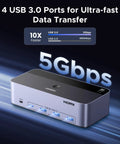 8K At 60Hz HDMI And DisplayPort KVM Switch For Two Computers And Three Monitors Aluminum Enclosure With Four USB 3 Ports And One Click Switch For Seamless Multi Monitor Setup And Durable Build, 4 USB 3.0 ports, 5Gbps