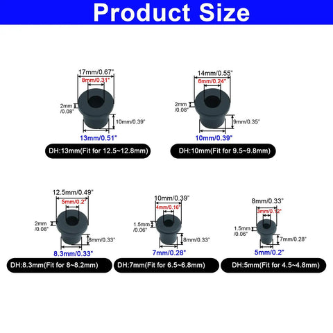 Product size chart for Kickass Rubber Grommet Kit including 82 Durable Wire And Cable Protectors, various sizes shown.