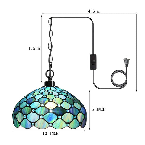 Sea Blue Pearl Tiffany Style Pendant Light Plug In Swag Lamp With 12 Inch Glass Shade Adjustable 32 Inch Chain And 15 Foot Cord