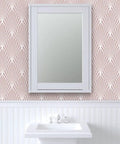 Kick Your Space Into Overdrive With Fresh Geometric Stripes Leather Texture Vinyl Wallcovering Built Tough For Busy Workspaces And Custom Home Makeovers That Stay Straight Up Solid And Fully Ready To Paste. Pink geometric wallpaper with modern mirror above sink.
