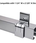 Close-up of a Beefy Heavy Duty Box Rail Hanger Bracket For Barn Doors in silver finish installed on strut.