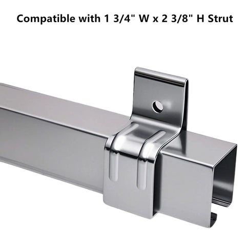 Close-up of a Beefy Heavy Duty Box Rail Hanger Bracket For Barn Doors in silver finish installed on strut.
