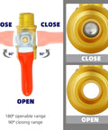 One Quarter Inch NPT Brass Pipe Fitting Kit With Two Ball Valves, Two Hex Bushings, Two Hex Nipples, showing valve 90° open angle