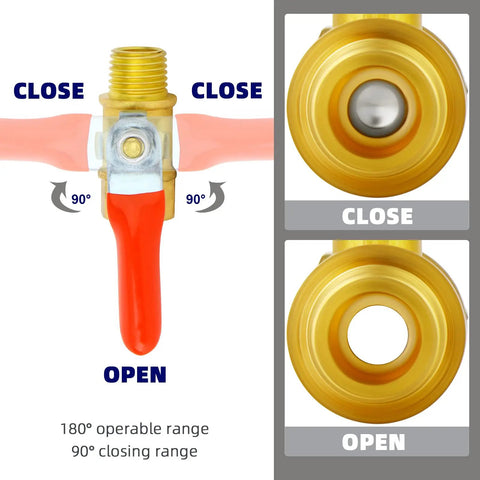 One Quarter Inch NPT Brass Pipe Fitting Kit With Two Ball Valves, Two Hex Bushings, Two Hex Nipples, showing valve 90° open angle