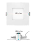 Lit 3 Inch Square Ultra Thin LED Recessed Light With Junction Box Kit Dimmable Wafer Fixture dimensions shown