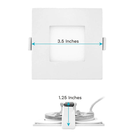 Lit 3 Inch Square Ultra Thin LED Recessed Light With Junction Box Kit Dimmable Wafer Fixture dimensions shown