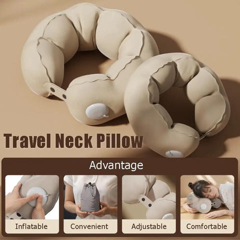 Travel Inflatable Neck Pillow With Five Dimensional Support shown in Clouds Beige, highlighting adjustability and comfort.