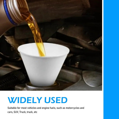 50 Pack Disposable Paper Oil Funnels for Cars and Home, 6oz Engine Oil Funnels in use pouring oil into car engine