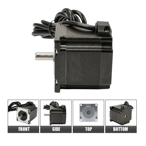 Built Tough Nema 23 Planetary Gearbox Reducer paired with 57mm stepper motor shown from front with detailed views.