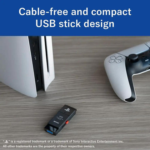Officially Licensed 1TB External SSD For PS5 And PS4 next to console and controller, USB 3.2 Gen2 Type A Portable Stick Drive