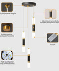 Modern Kitchen Pendant Lighting Over Island With Dimmable 3 Light LED Mini Pendant Fixtures In Black Gold Finish For Kitchen And Bedroom Slick Contemporary Style Easy Install Premium Aluminum And Acrylic Column, showing adjustable height and components.