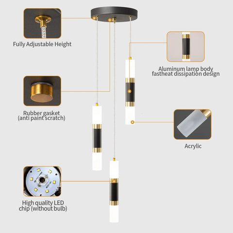 Modern Kitchen Pendant Lighting Over Island With Dimmable 3 Light LED Mini Pendant Fixtures In Black Gold Finish For Kitchen And Bedroom Slick Contemporary Style Easy Install Premium Aluminum And Acrylic Column, showing adjustable height and components.