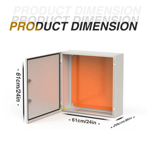 Open view of Rugged Steel Electrical Enclosure 24 By 24 By 8 Inch IP66 Waterproof Wall Mounted Box with orange lining inside.