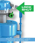 Close-up of HydroRight Universal Water Saving Toilet Repair Kit with patented float lock labeled 'Lock Shut' in blue.