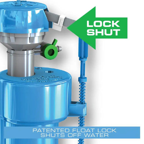 Close-up of HydroRight Universal Water Saving Toilet Repair Kit with patented float lock labeled 'Lock Shut' in blue.