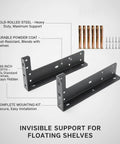 Multipurpose Hidden Shelf Brackets 2 Pack, Beefy Heavy Duty Cold Rolled Steel Support, 8.66 Inch Depth, black with screws