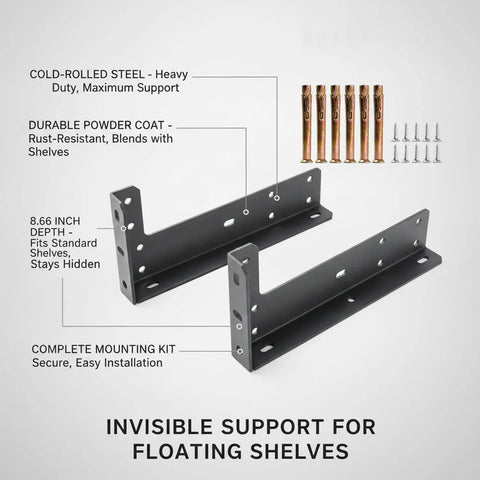 Multipurpose Hidden Shelf Brackets 2 Pack, Beefy Heavy Duty Cold Rolled Steel Support, 8.66 Inch Depth, black with screws