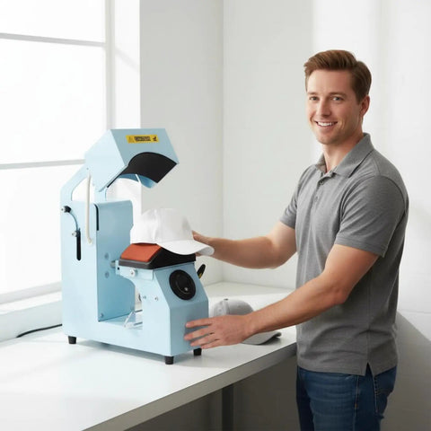 MVQJSUCI 2 In 1 Cap Hat Press Machine With Electric Automation two platens in use customizing hats in a bright workspace.