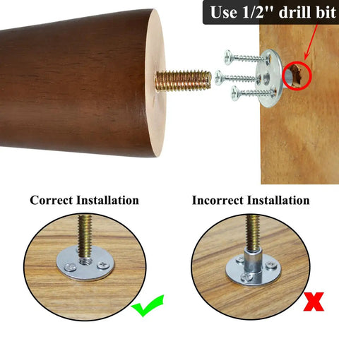 4 Inch Rubber Wood Sofa Legs Brown Replacement Feet installation guide with correct and incorrect methods highlighted
