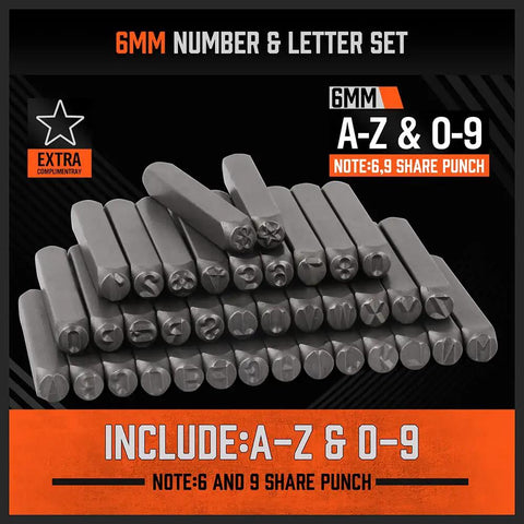 6mm A-Z and 0-9 metal stamp set with star symbol for jewelry and DIY projects, featuring space-saving layout for easy use.