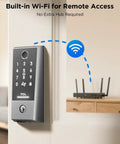 D2 Plus Smart Door Lock With Keyless Entry And 0.3Second AI Fingerprint Unlock Touchscreen Keypad Auto Lock Built In Doorbell App Control Alexa And Google Home Compatible Easy Front Door Install shown with Wi-Fi connectivity