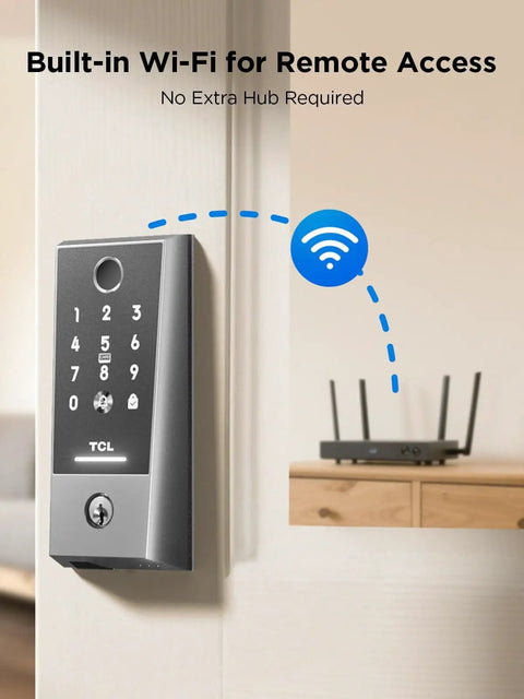 D2 Plus Smart Door Lock With Keyless Entry And 0.3Second AI Fingerprint Unlock Touchscreen Keypad Auto Lock Built In Doorbell App Control Alexa And Google Home Compatible Easy Front Door Install shown with Wi-Fi connectivity