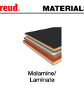 Cross-section illustration of melamine and laminate layers with Freud logo and 'MATERIALS' text above.