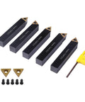 5/8 Inch Indexable Turning Tool Set With TCMT Carbide Inserts, 5 Piece Lathe Tool Kit, includes holders and yellow wrench.