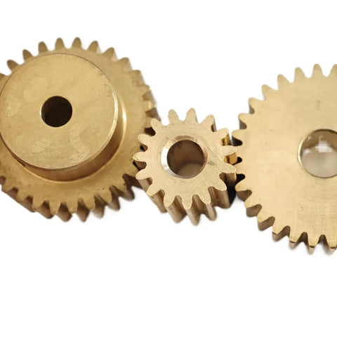 Three copper spur gears, central gear highlighted, associated with Beefy 0.5 Module Copper Spur Gear, 82 Teeth, 42mm Diameter
