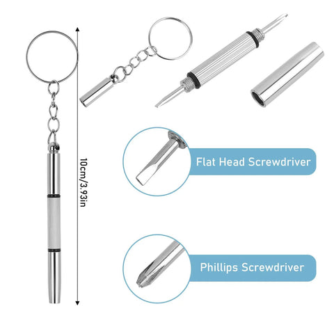 Six Piece Eyeglass Repair Kit With Glasses Temple Grips And Silicone Hinge Tighteners To Give Your Specs A Solid No Sweat Grip Plus Compact Screwdrivers For A Breeze Quick Fix That Works Like A Charm All Day - Compact keychain screwdrivers with flat and Phillips heads.