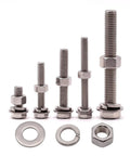 Assorted stainless steel hex bolts with nuts and lock and flat washers; full-thread SAE hardware set