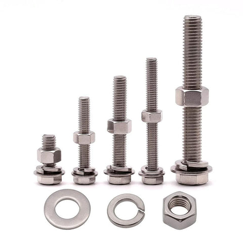 Assorted stainless steel hex bolts with nuts and lock and flat washers; full-thread SAE hardware set