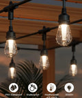 123 Ft Outdoor Color Changing String Lights With RGB CWIC LEDs under wooden patio, showing shatterproof bulbs and IP65 waterproof rating.
