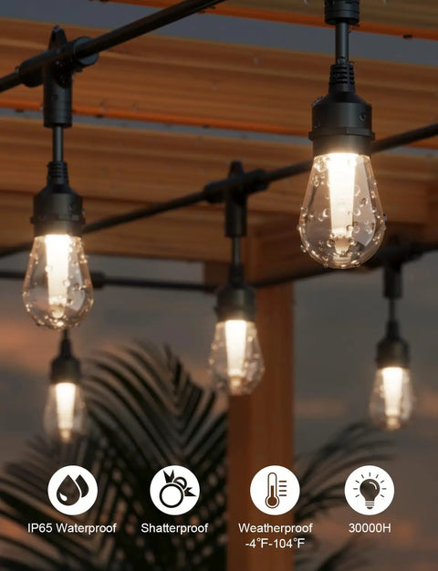 123 Ft Outdoor Color Changing String Lights With RGB CWIC LEDs under wooden patio, showing shatterproof bulbs and IP65 waterproof rating.