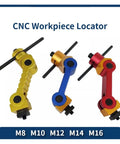 CNC Workpiece Locator in gold, blue, and red, adjustable for different sizes M8 M10 M12 M14 M16, durable construction.