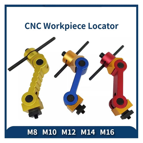CNC Workpiece Locator in gold, blue, and red, adjustable for different sizes M8 M10 M12 M14 M16, durable construction.