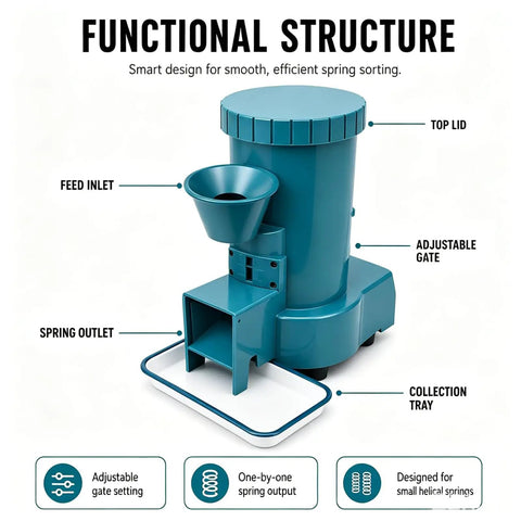 Heavy Duty Automatic Spring Separator For Small Coil Sorting With Centrifugal Vibration Tech and Spacious Hopper, featuring feed inlet and adjustable gate.