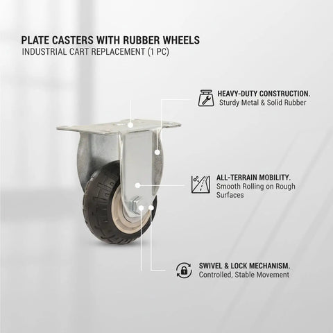 Heavy Duty Swivel Plate Caster Wheel With Solid Metal Mounting Bracket Easy Swap Replacement For Hand Trucks, rubber wheel detail.