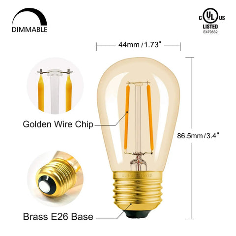 S14 Outdoor String Light Bulbs Replacement 15 Pack, Retro Warm Amber Glow 2200K LED Edison Bulbs, Dimmable E26 Base, product details