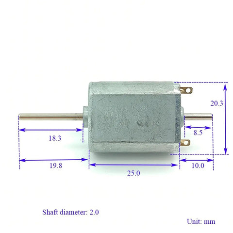 High Speed Micro 130 Dual Shaft DC Motor 12V 18V 24V 19000RPM Beast Power with dimensions in millimeters
