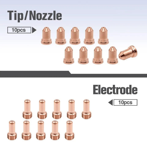Fresh 20 Pcs Brass Plasma Cutter Consumables Kit With Nozzles And Electrodes, including 10pcs of nozzles and 10pcs of electrodes.