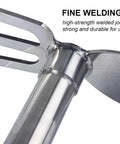 Close-up of the welded joint on Stainless Steel Garden Hoe Rake Dual Head 15 Inch Heavy Duty One Hand Use Weeder And Cultivator