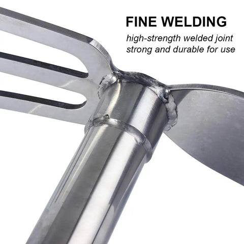 Close-up of the welded joint on Stainless Steel Garden Hoe Rake Dual Head 15 Inch Heavy Duty One Hand Use Weeder And Cultivator