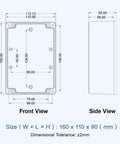 Technical drawing of Weatherproof Electrical Junction Box With Clear Cover IP65 Waterproof ABS Plastic Case, dimensions 160x110x90mm