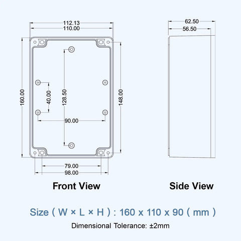 Technical drawing of Weatherproof Electrical Junction Box With Clear Cover IP65 Waterproof ABS Plastic Case, dimensions 160x110x90mm