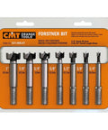 Seven Piece Forstner Bit Set Crafted From Hard As Nails Alloy Steel For Flawless Wood Boring And Top Shelf Power Drill Compatibility With Robust Three Eighth Inch Shank Drive in clamshell packaging.