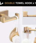 Slick Black And Brushed Gold 5 Piece Bathroom Hardware Set With Wall Mount Double Hook, stainless steel, side and front views