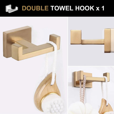 Slick Black And Brushed Gold 5 Piece Bathroom Hardware Set With Wall Mount Double Hook, stainless steel, side and front views