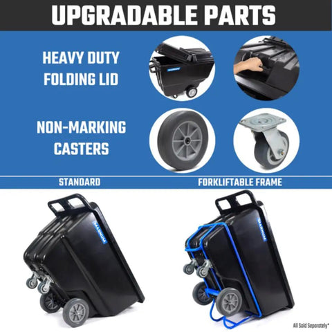 Image of Heavy Duty Tilt Truck And Half Cubic Yard Dump Cart, 750 Lb Capacity with folding lid and non-marking casters.